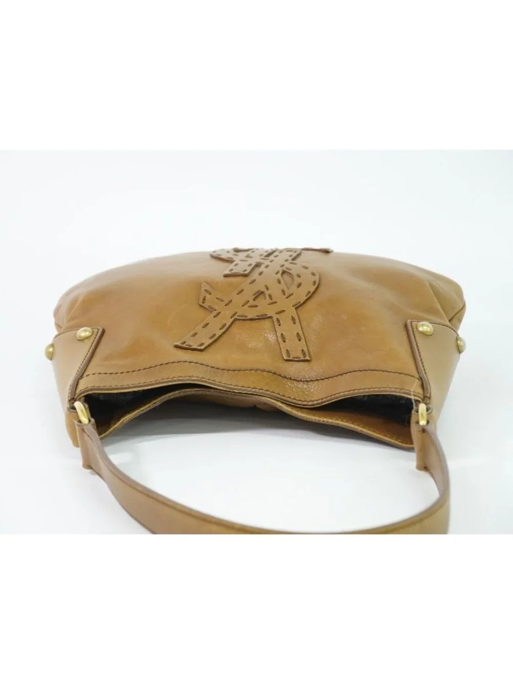 Saint Laurent YSL Rive Gauche Stitch Logo Shoulder Bag Leather Brown